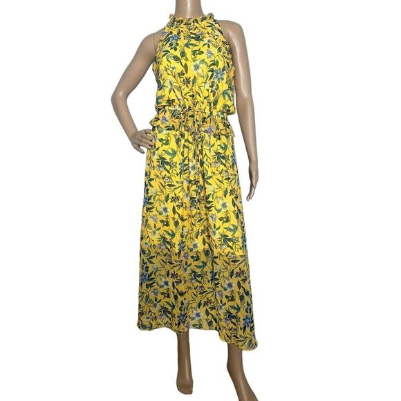 Sam Edelman Yellow Floral Sheer High Neck Peplum waist Maxi Dress - Sz 4 - Picture 2 of 10
